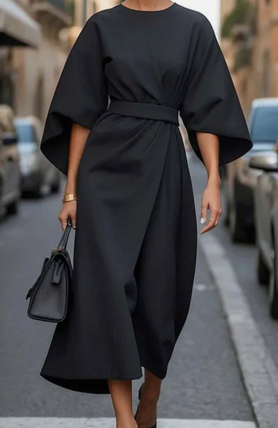 Greta | Elegantes Midi-Kleid mit Laternenärmeln und Gürtel tailliert