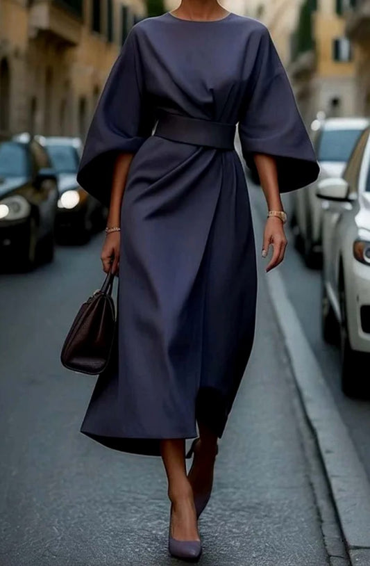 Greta | Elegantes Midi-Kleid mit Laternenärmeln und Gürtel tailliert