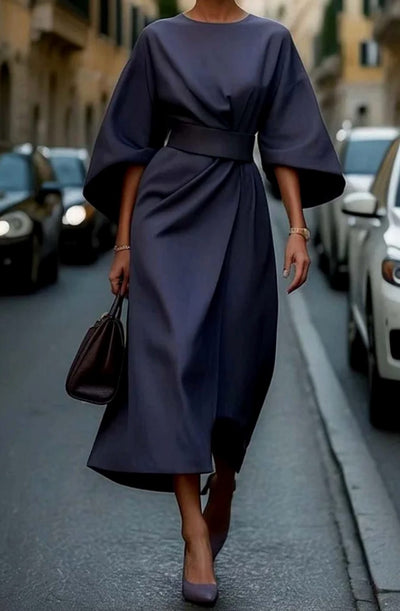 Greta | Elegantes Midi-Kleid mit Laternenärmeln und Gürtel tailliert