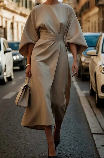 Greta | Elegantes Midi-Kleid mit Laternenärmeln und Gürtel tailliert
