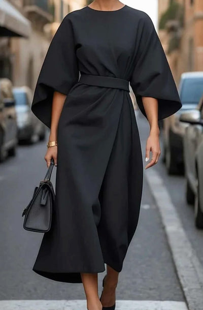 Greta | Elegantes Midi-Kleid mit Laternenärmeln und Gürtel tailliert