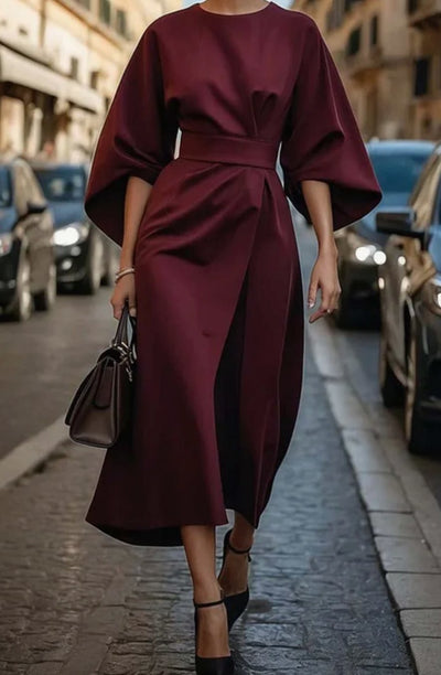Greta | Elegantes Midi-Kleid mit Laternenärmeln und Gürtel tailliert