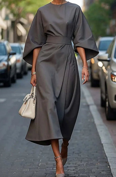 Greta | Elegantes Midi-Kleid mit Laternenärmeln und Gürtel tailliert