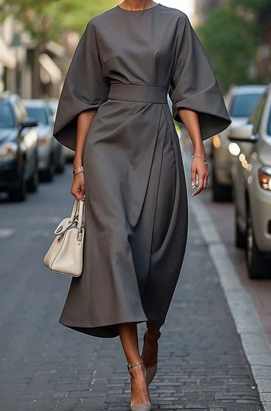Greta | Elegantes Midi-Kleid mit Laternenärmeln und Gürtel tailliert