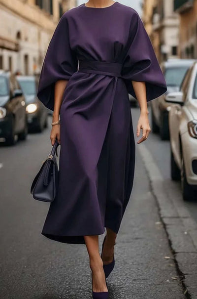 Greta | Elegantes Midi-Kleid mit Laternenärmeln und Gürtel tailliert