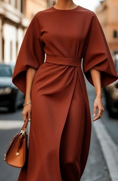 Greta | Elegantes Midi-Kleid mit Laternenärmeln und Gürtel tailliert