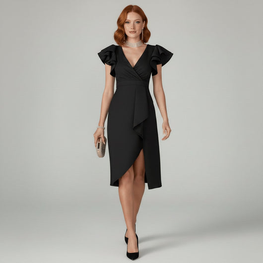 Clara | Elegantes Mother-of-the-Bride-Kleid mit Rüschenärmeln Wickelschnitt