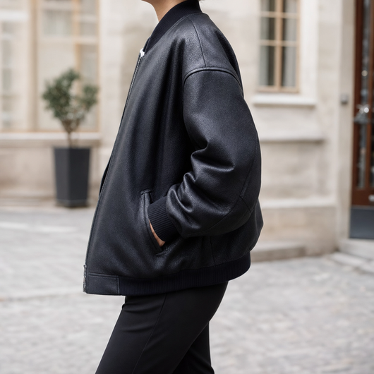 Elmswell Faux Leather Bomber in black, side view