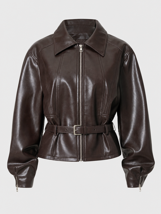 Elverton Belted Faux Leather Jacket in brown