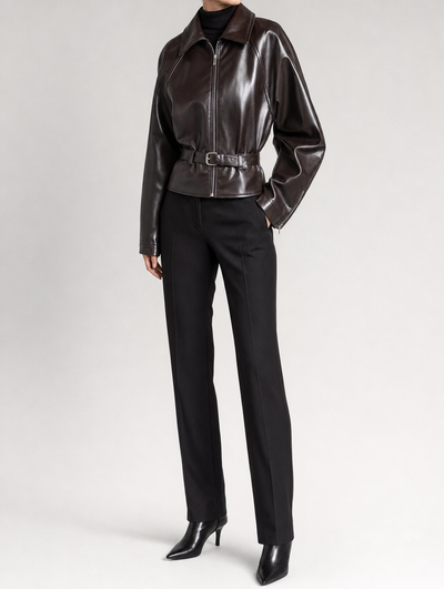 Elverton Belted Faux Leather Jacket worn, side