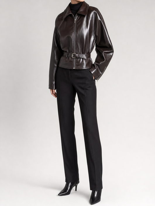Elverton Belted Faux Leather Jacket worn, side