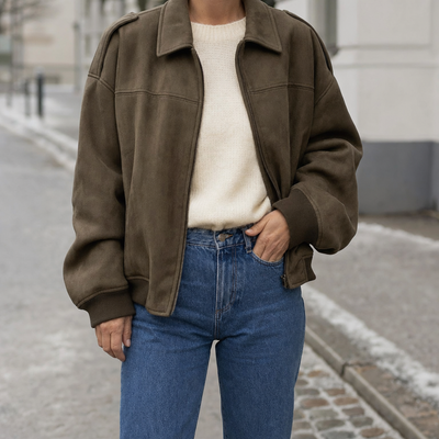 Fairholme Suede-Look Padded Bomber in khaki worn with jeans, front view