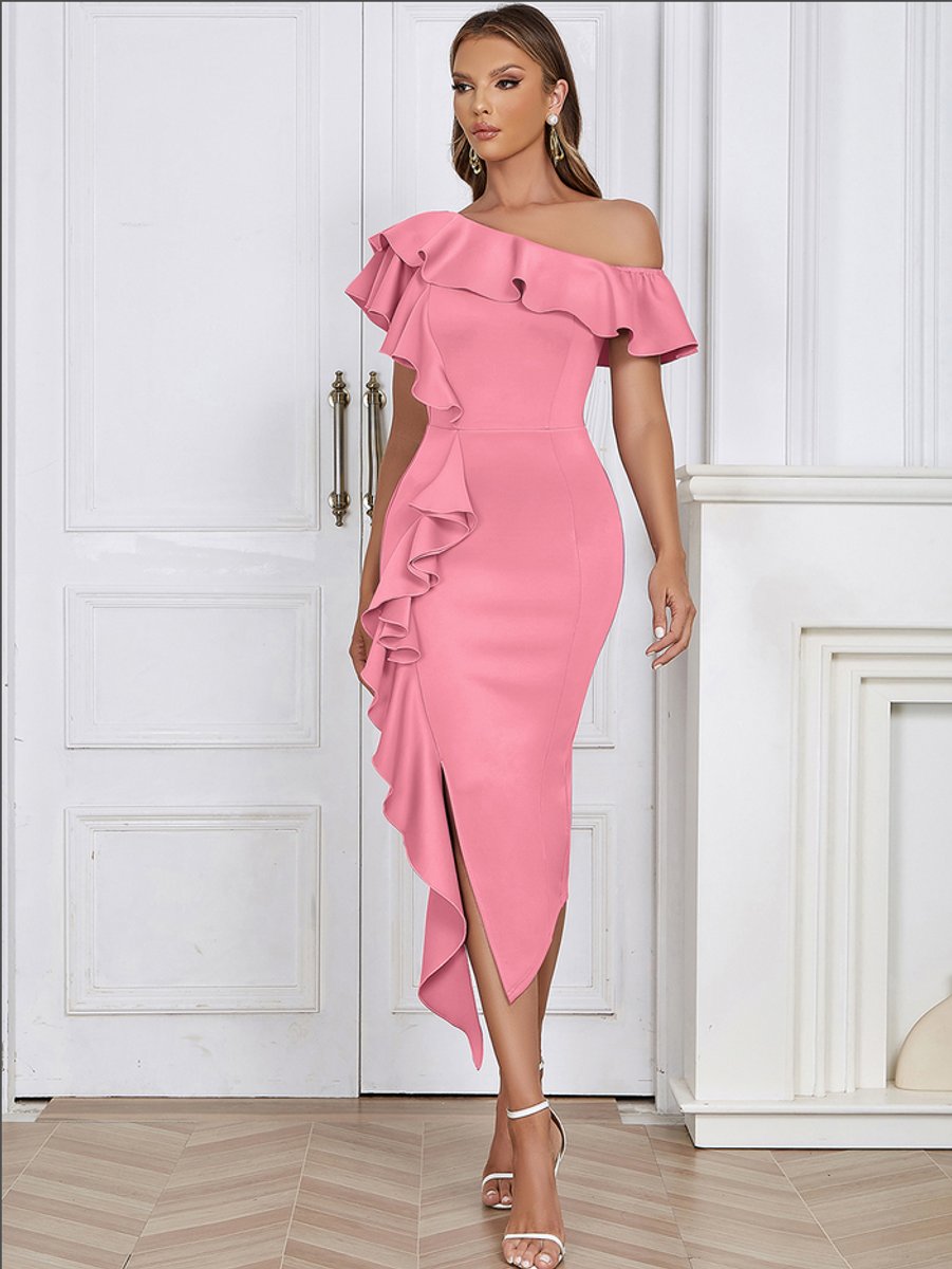 Katharina | Figurbetontes asymmetrisches Rüschen-Midikleid mit One-Shoulder-Ausschnitt