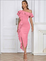 Katharina | Figurbetontes asymmetrisches Rüschen-Midikleid mit One-Shoulder-Ausschnitt