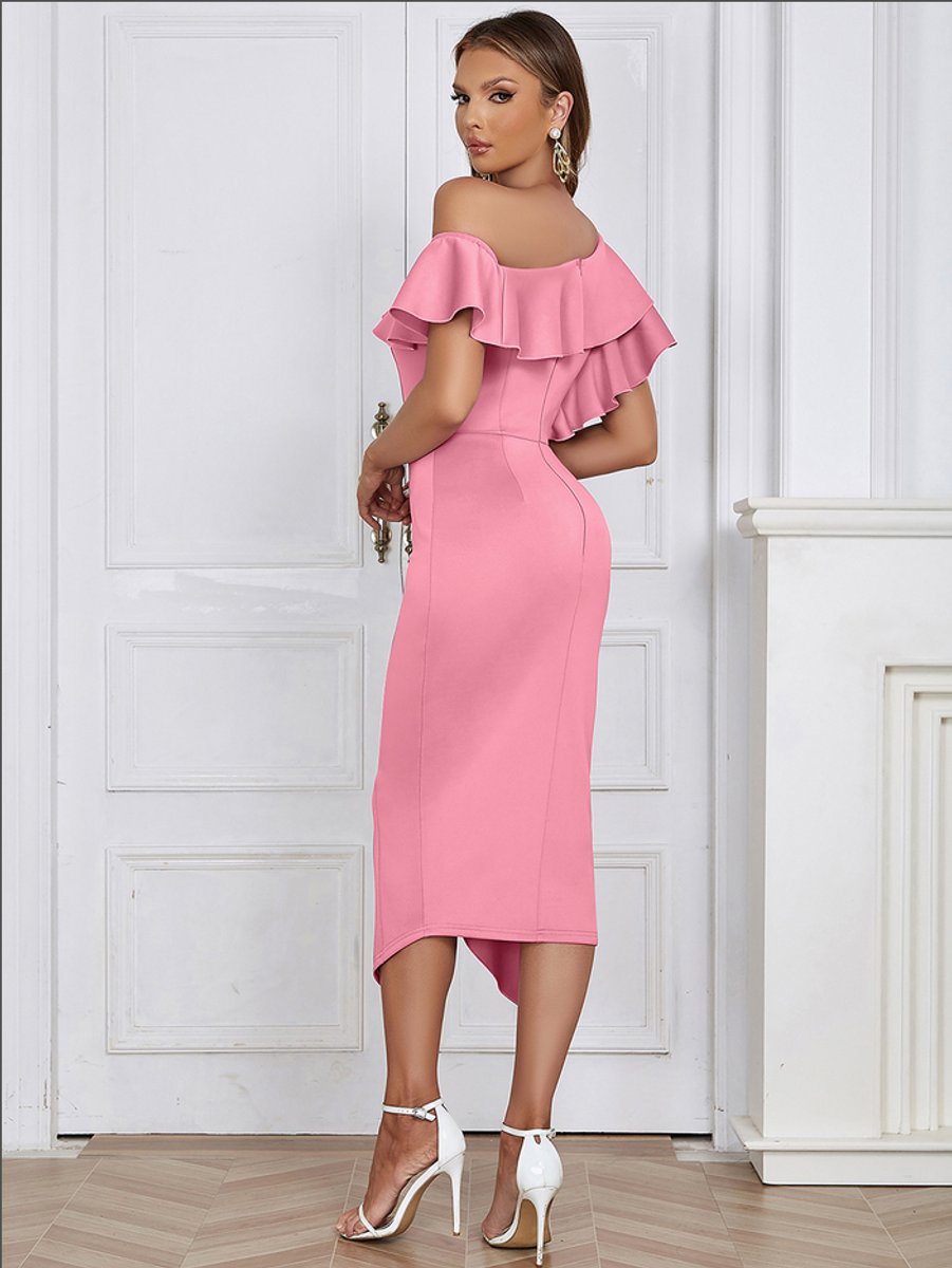 Katharina | Figurbetontes asymmetrisches Rüschen-Midikleid mit One-Shoulder-Ausschnitt