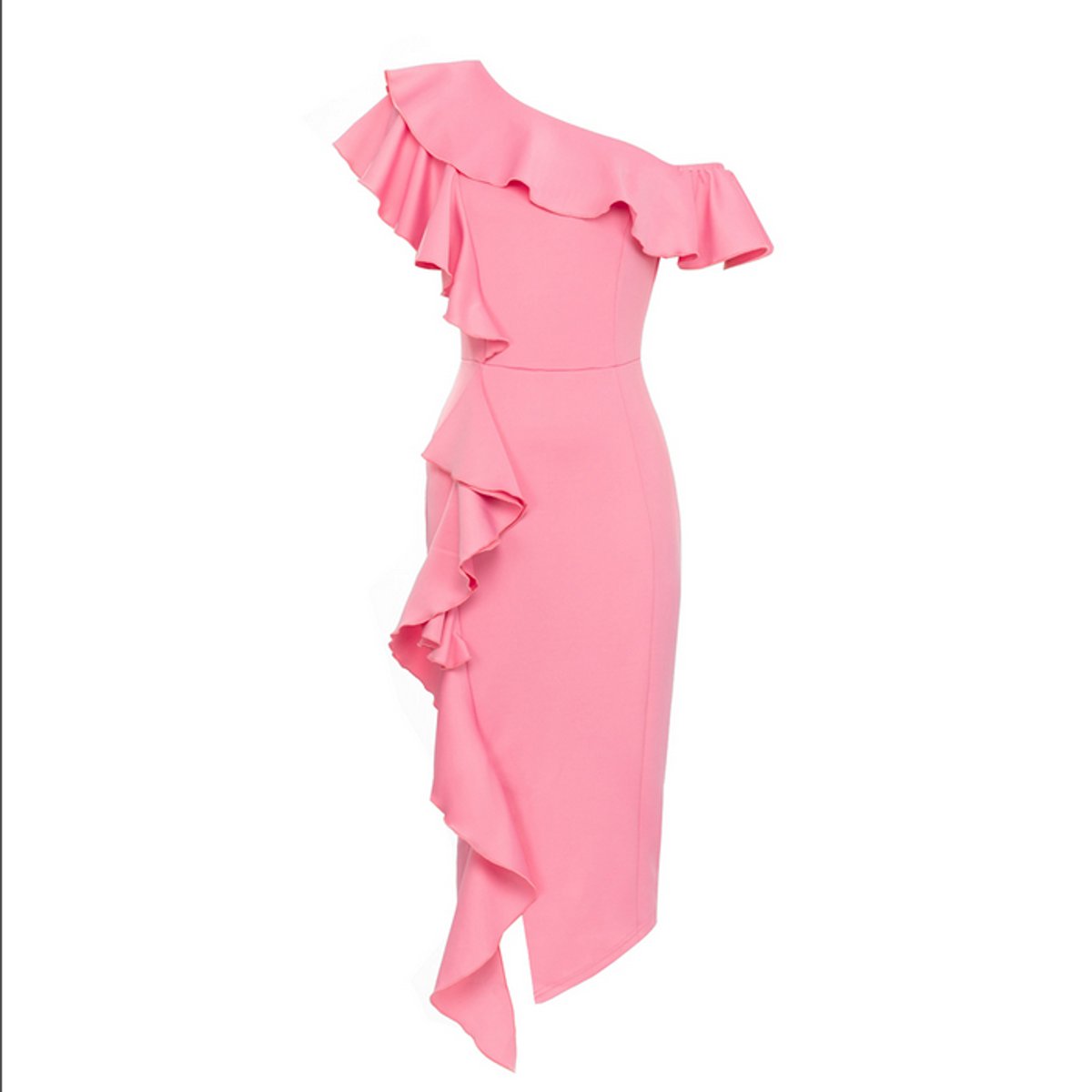 Katharina | Figurbetontes asymmetrisches Rüschen-Midikleid mit One-Shoulder-Ausschnitt