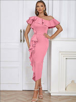 Katharina | Figurbetontes asymmetrisches Rüschen-Midikleid mit One-Shoulder-Ausschnitt