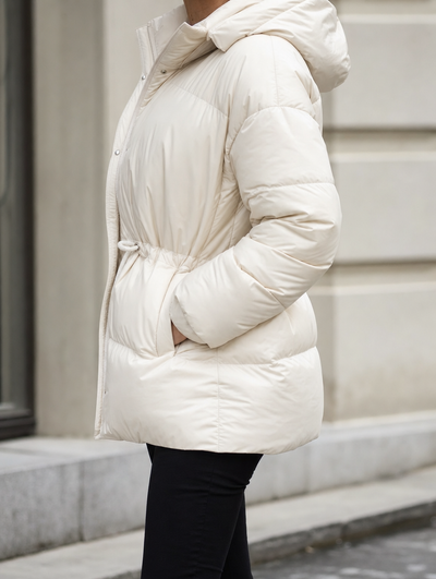 Grantley Hooded Puffer Jacket in cream, side view