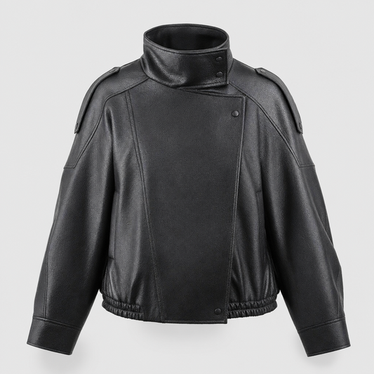Kingsley cropped faux leather bomber in black, product shot