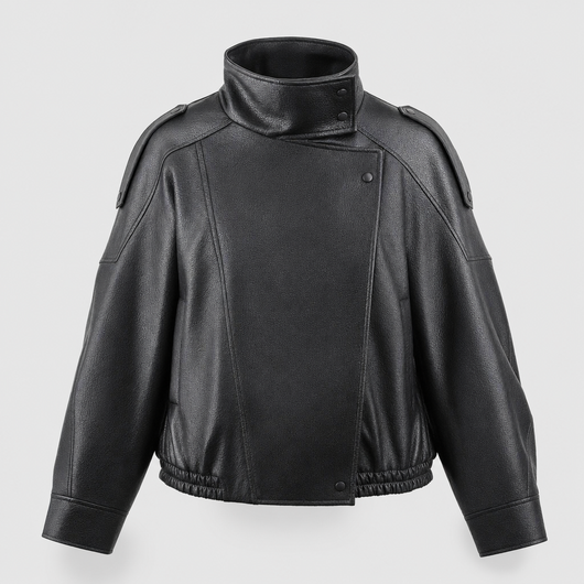 Kingsley cropped faux leather bomber in black, product shot