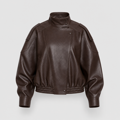 Kingsley cropped faux leather bomber in chocolate brown, product shot