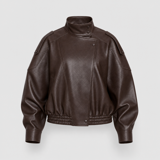 Kingsley cropped faux leather bomber in chocolate brown, product shot