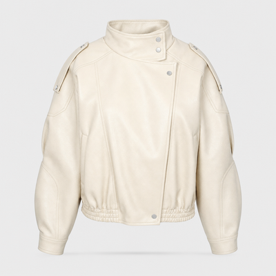Kingsley cropped faux leather bomber in cream, product shot