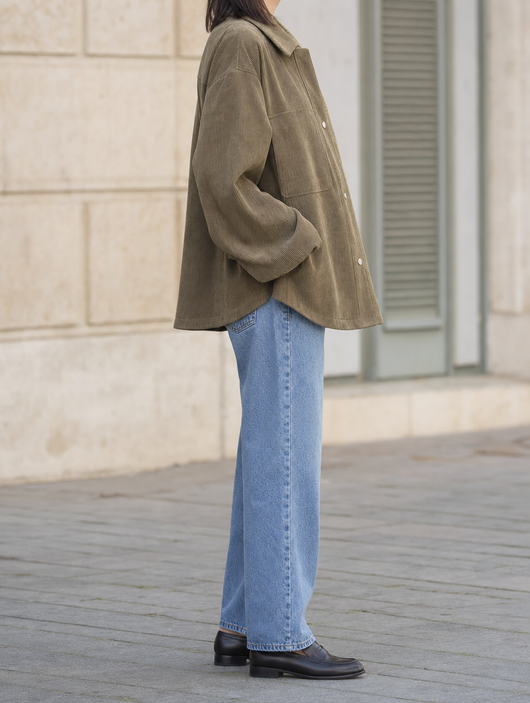 Farrow corduroy shirt jacket, side profile view