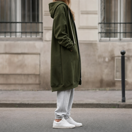 Rowley zip hoodie, side profile view