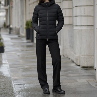 Everett hooded puffer, front view on model