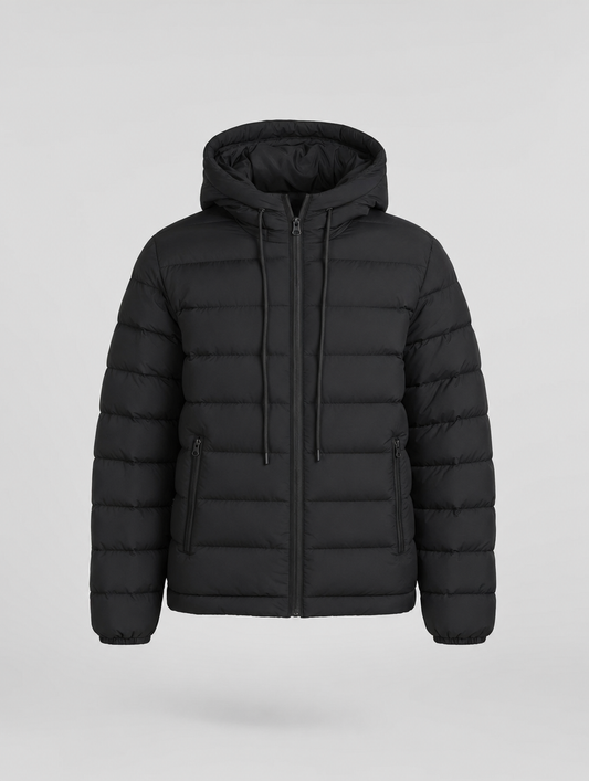 Everett hooded down puffer in black, product shot