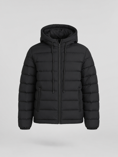 Everett hooded down puffer in black, product shot