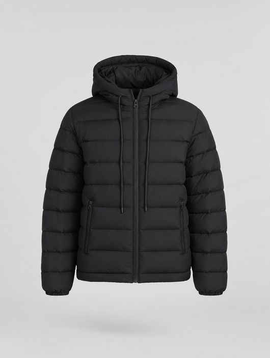 Everett hooded down puffer in black, product shot