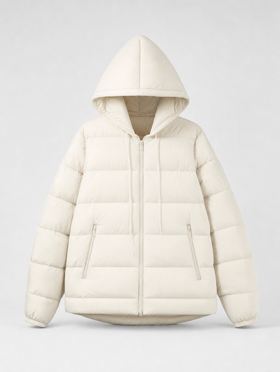 Everett hooded down puffer in ivory, product shot