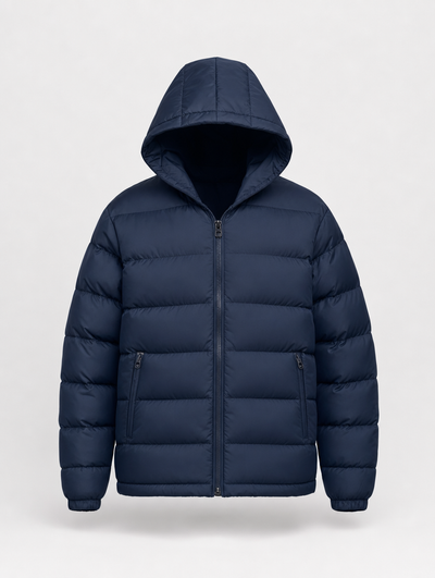 Everett hooded down puffer in deep navy, product shot