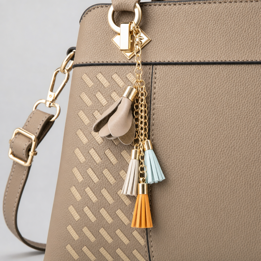 Close-up of the woven panel and tassel on the Highworth Top Handle Bag