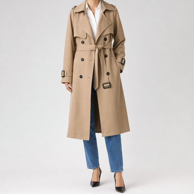 Jesmond Longline Belted Trench worn, front