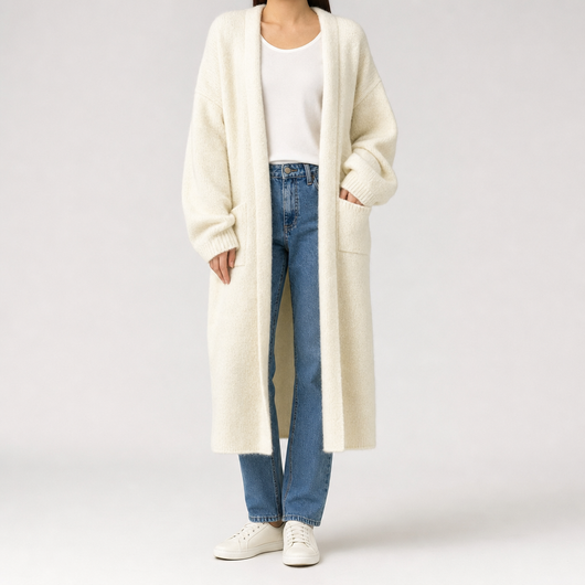 Kelmscott Long Knit Cardigan Coat worn, front