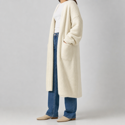 Kelmscott Long Knit Cardigan Coat worn, side