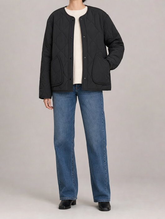 Marbury Collarless Quilted Jacket worn, front