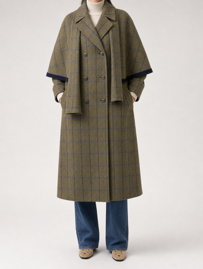 Pelham Plaid Wool Maxi Coat worn, front