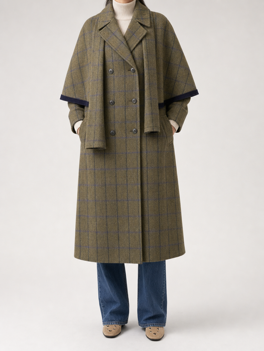 Pelham Plaid Wool Maxi Coat worn, front