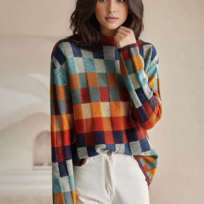 Andrea | Damen Strickpullover mit Farbblock- und Karomuster