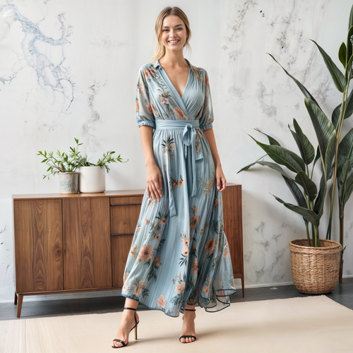 Liora | Geblümtes Chiffon-Wickel-Maxikleid – Kleid für Hochzeitsgäste