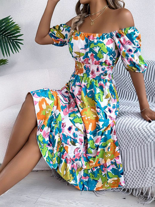 Celeste | Geblümtes Off-Shoulder Midikleid – Sommerkleid