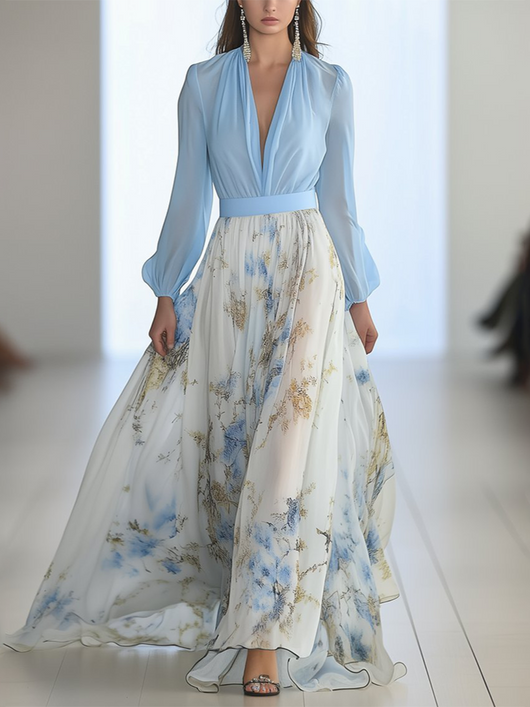 Elara | Geblümtes Chiffon-Maxikleid mit Rüschen – Abendkleid