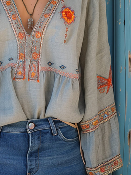 Yvonne | Damen Boho-Bluse mit Stickerei und V-Ausschnitt