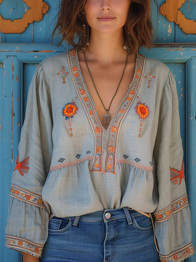 Magdalena | Damen Sommer Bohemian Bestickte Bluse
