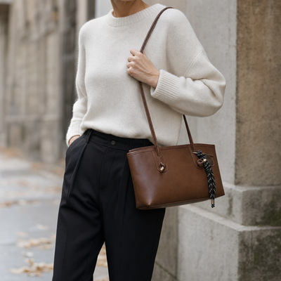 Woman wearing the Kelvedon Knot Strap Bag