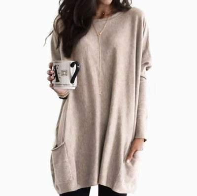 Leonie | Langer Damenpullover Oversized Rundhals mit Taschen